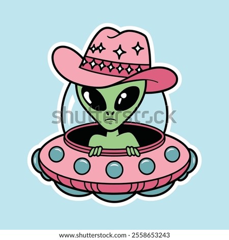 Alien in Pink Cowboy Hat Flying a Spaceship Illustration