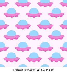 Alien pink spaceship, spacecrafts and UFO Seamless Pattern. Cosmic ship in form saucer for transportation. Children design. Vector cartoon flat illustration.