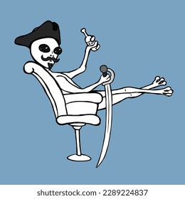 An alien in a pirate cocked hat with a mustache and goatee with a saber and a bottle of rum is sitting in an armchair, raising his hand with a bottle in greeting. Black and white vector illustration.