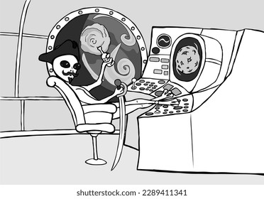 An alien in a pirate cocked hat, with a mustache and a goatee, with a saber and a bottle of rum is sitting in the cockpit of a spaceship, raising his hand with a bottle in greeting. 