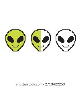 Ilustración de cara de arte de píxeles alienígenas para diseño de juego retro y personaje de mascota ovni. Es un invasor espacial extraterrestre gráfico y futurista divertido criatura aislada avatar digital.