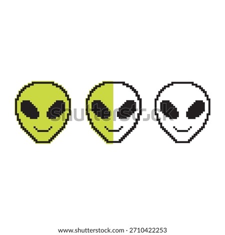 Alien pixel art face illustration for retro game design and ufo mascot character. It is extraterrestrial space invader graphic and futuristic funny creature isolated digital avatar.