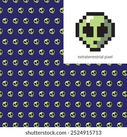 Alien Pixel Nahtloses Muster Vektor, Alien Pixel Vektorbild, Extraterrestrische Pixel Retro Vektor, Alien Cartoon Pixel Icon Pattern.