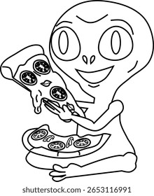 Alien com pizza mão desenhado vetor ilustração no fundo branco.