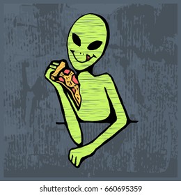 Alien with pizza hand drawn vector illustration on grunge texture background.