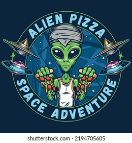 Alien Pizza Poster bunter Vintage mit Einladung zum Weltraumrestaurant für Martianer mit fliegenden Saucen und UFOs Vektorgrafik