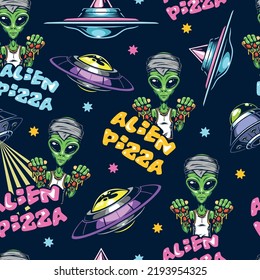 Alien pizza vintage colorful seamless pattern friendly green humane from UFO treats delicious food from space futuristic style vector illustration