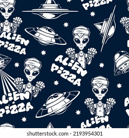 Alien Pizza Vintage monochrome Muster nahtlos mit der Einladung Martian Pizza von humanoiden, die auf UFO Vektorgrafik angekommen, um zu essen