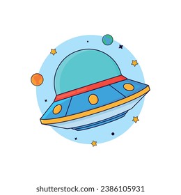 Alien plane spaceship or UFO space cute design illustration with star ornament orbit, happy vibes, children friendly, cartoon style design, isolated white background.