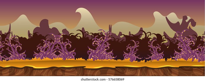 Alien planet background. Octopus tentacles plants on yellow soil