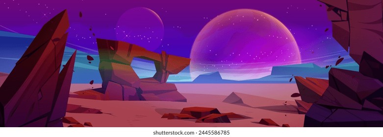 Fondo de planeta alienígena con terreno rocoso. Ilustración de dibujos animados de Vector del desierto espacial con piedras agrietadas, cráter de asteroides, estrellas brillando en el cielo nocturno, fondo de juego de viajes de aventura