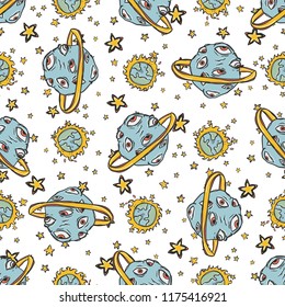 Alien Planet Background Seamless Vector Pattern, Hand Drawn Galaxy Cartoon Eyeball Planets, Stars for Trendy Fashion Prints, Kid Room Decor, Travel Adventure Backdrop, Extraterrestial Space Adventures