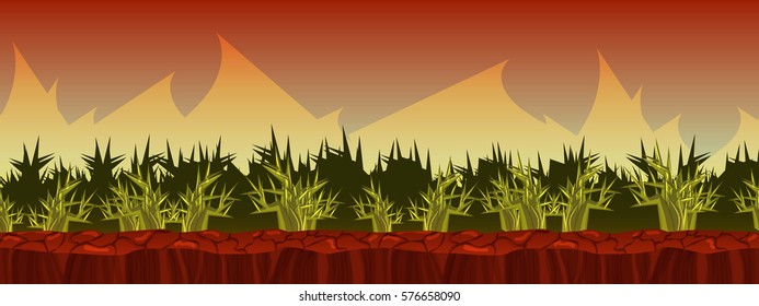 Alien planet background. Spiky plants on red ground