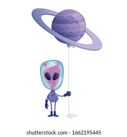 Alien with planet balloon flat cartoon vector illustration. Extraterrestrial in spacesuit. Ready to use 2d character template for commercial, animation, printing design. Isolated comic hero