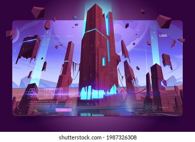 Alien planet banner with land surface and futuristic building ruins with glowing blue cracks. Vector landing page with cartoon fantasy illustration of outer space with stars and alien planet surface