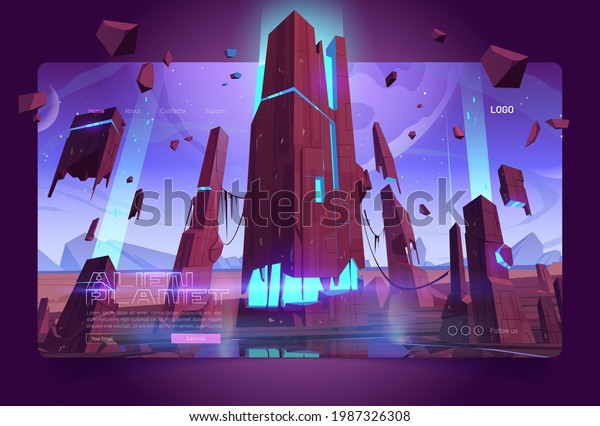 Alien planet banner with land surface and\
futuristic building ruins with glowing blue cracks. Vector landing\
page with cartoon fantasy illustration of outer space with stars\
and alien planet surface