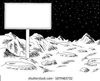 Alien planet billboard graphic black white space landscape sketch illustration vector 