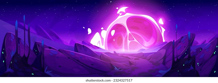 Alien planet cartoon space landscape with pink meteor. Rock desert ground vector background with outer cosmic scenery. Fantasy star landing on mars and explode on horizon. Fantastic night backdrop