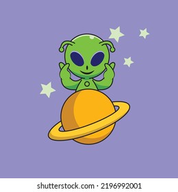 alien and planet characters are good for children's research and education icon logos. simple flat design vector