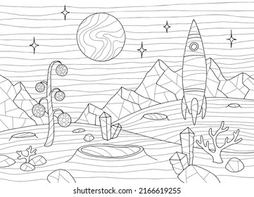 Alien planet coloring rocket landed graphic black white space landscape sketch illustration vector