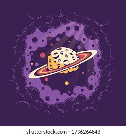 Alien Planet With Craters And Rings In Space Among The Nebula. Saturn Retro Poster. Vector Vintage Illustration.