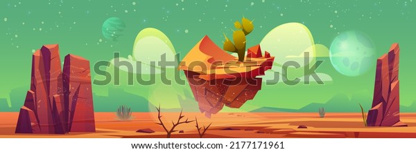 Alien planet desert landscape, cartoon\
panoramic background, deserted land with mountains, flying rock,\
cactus and plants under green sky with stars and satellites. game\
backdrop, Vector\
illustration