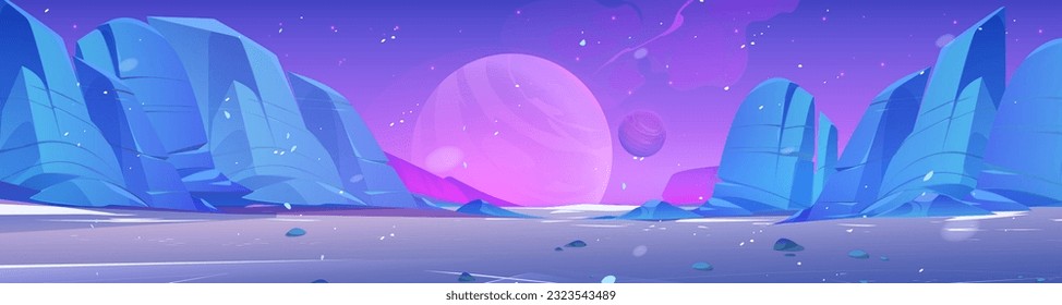 Alien planet desert with rocky stones. Vector cartoon illustration of fantasy space landscape in pink and blue color, cosmic dust particles flying in air. Cosmos exploration, adventure game background