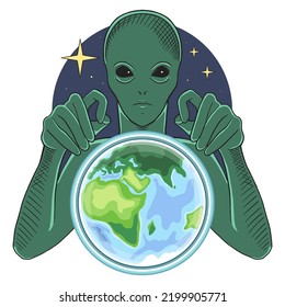 The alien and the planet Earth in space among the stars. Vector illustration isolated on white background.