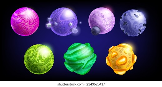 Alien planet game icon set, vector space cartoon fantasy worlds kit, stone magic cosmos asteroid. Fantastic astronomy design elements, UI stone rocks assets isolated on black. Alien planet clipart