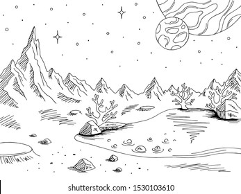 Alien Planet Graphic Black White Space Landscape Sketch Illustration Vector