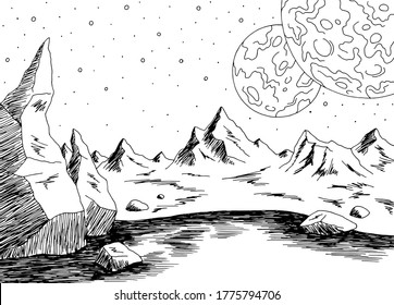 Alien planet graphic black white space landscape sketch illustration vector