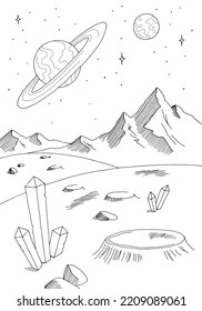 Planeta alienígena gráfico espacio blanco negro paisaje de dibujo vertical vector 