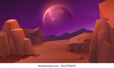 Alien planet landscape. Astrology and astronomy. Imagination and fantasy. Mars or other planet in galaxy, asteroid. Beautiful landscape or panorama, background. Cartoon flat vector illustration