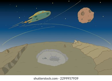 El paisaje del planeta alienígena. Fondo con suelo marrón, montañas, estrellas y luna 