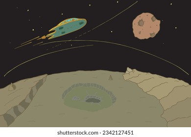 Landschaft des fremden Planeten. Hintergrund mit braunem Hintergrund, Bergen, Sternen und Mond