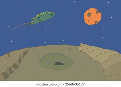 Alien planet landscape. Background with brown ground, mountains, stars, and moon