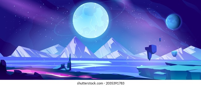 Alien planet landscape, cosmic background, deserted coastline with mountains view, glowing cleft, stars and shining spheres in space. Extraterrestrial pc game backdrop, cartoon vector illustration