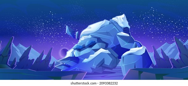 Alien planet landscape, cosmic background with rock lumps or mountains under night sky with glowing stars and shining sphere in space. Extraterrestrial pc game backdrop, Cartoon vector illustration