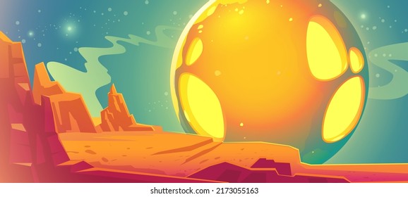 Alien Planet Landscape With Desert And Big Moon With Holes In Sky At Night. Vector Cartoon Fantastic Illustration Of Space, Red Martian Surface With Orange Ground And Rocks