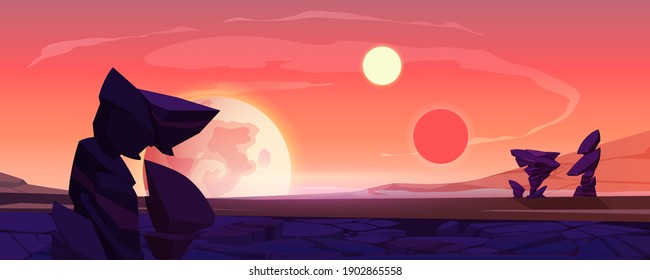 Alien planet landscape, dusk or dawn desert surface with mountains, rocks, satellite and two suns shining on orange sky. Space extraterrestrial computer game background, cartoon vector illustration