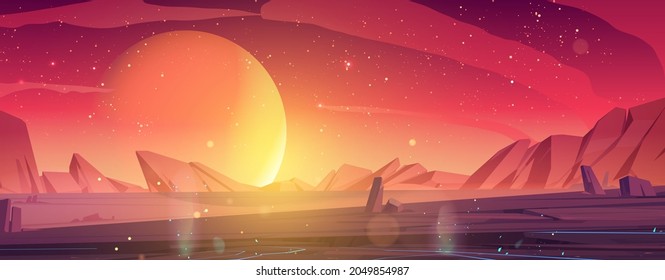 赤やオレンジの星空に輝く山、岩、太陽を持つ宇宙人の惑星の風景、夕暮れ、夜明けの砂漠の表面。地球外宇宙のコンピューターゲームの背景、漫画のベクターイラスト