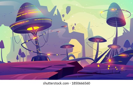 Alien Planet Landscape With Fantasy Mushrooms Trees Or Buildings And Rocks. Magical Unusual Nature For Computer Game, Fairy Tale Background With Beautiful Strange Plants, Cartoon Vector Illustration