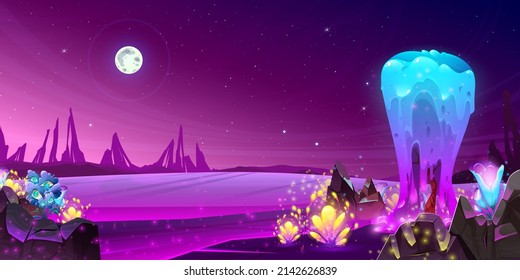 Paisaje de planeta alienígena con fantásticas plantas espaciales, árboles mágicos y flores brillantes. Caricatura de fondo extraterrestre con naturaleza inusual, juego o cuento de hadas hermosa escena, ilustración vectorial, set