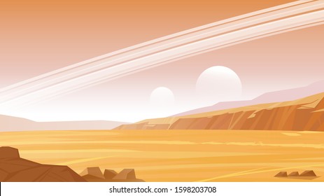 Alien planet landscape. Fantasy planet surface. Ring system in the sky.