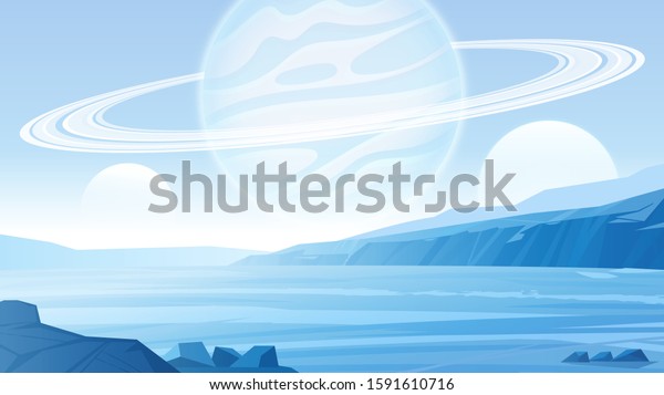 Alien planet\
landscape. Fantasy planet surface. Gas giant and its moons in the\
sky. Global ice age on the\
planet.
