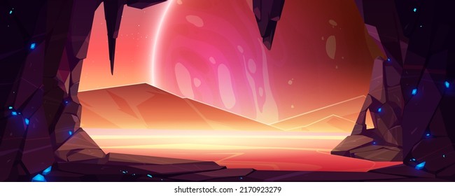 Alien planet landscape, game background. Cave in rock with red surface. Fantasy mountain with hidden cavern and plasmic shining sky. Martian extraterrestrial backdrop, Cartoon vector illustration