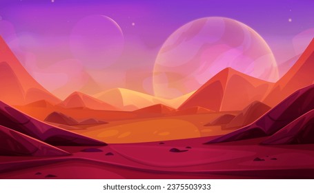 Alien planet landscape with Martian desert. Vector cartoon illustration of fantasy space background for adventure game, brown and orange ground with sandy hills, night sky with shimmering stars