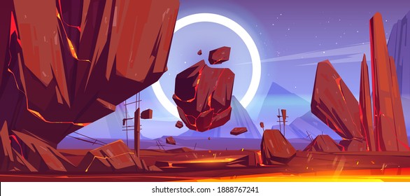 Alien planet landscape with mountains, flying rocks and red lava in cracks. Vector cartoon fantasy illustration of outer space with magma on planet surface, stars and glowing ring in sky