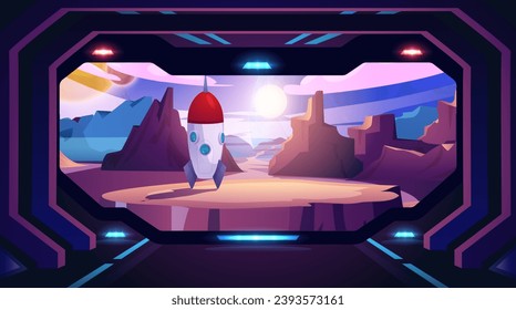 Alien planet landscape with mountains and shuttle. Futuristic view from a spaceship. Cartoon fantastic game scenery with space rocket and mountains, explore outer