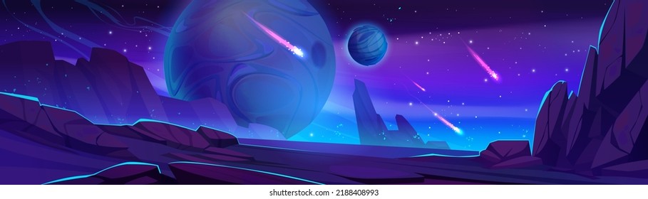 Alien planet landscape, night Mars surface with meteorites and spheres in space. Extraterrestrial game background with mountains, rocks and dark starry sky with comets, Cartoon vector illustration